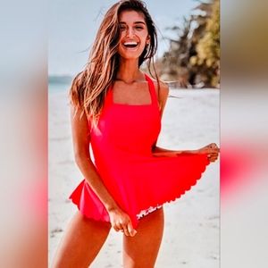 - NWOT CROSS BACK SCALLOP EDGE HIGH WAIST TANKINI BRIGHT NEON COMFY SWIM S…